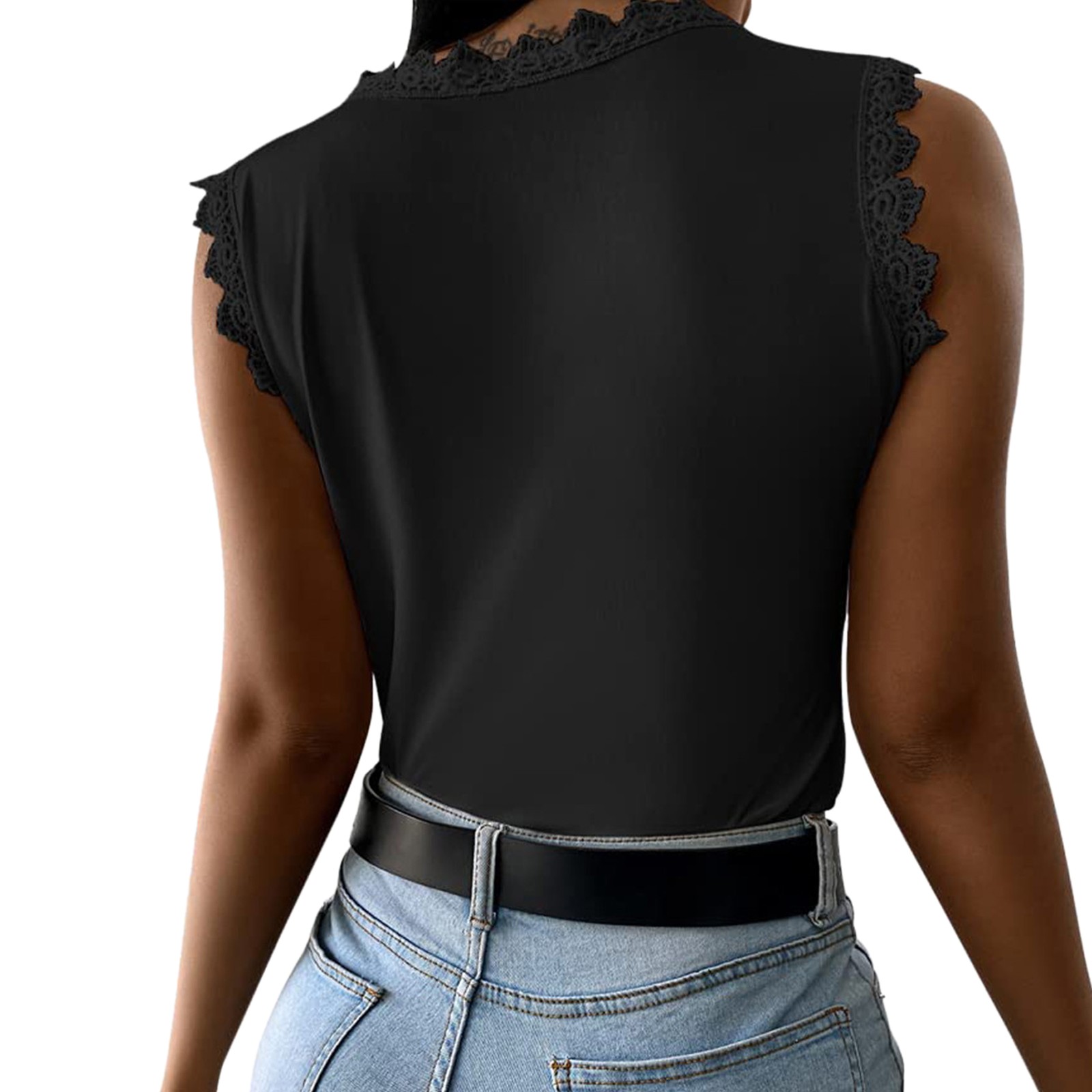 thumbnail image 3 of Camiseta sin mangas con cuello en V y encaje para mujer: poliéster, botones en la espalda, bordado floral, informal para el verano, 3 of 6